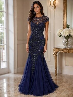 Sherri Hill 50516 Size 0 NWT Navy Beaded Mermaid Evening Gown Formal Prom Dress
